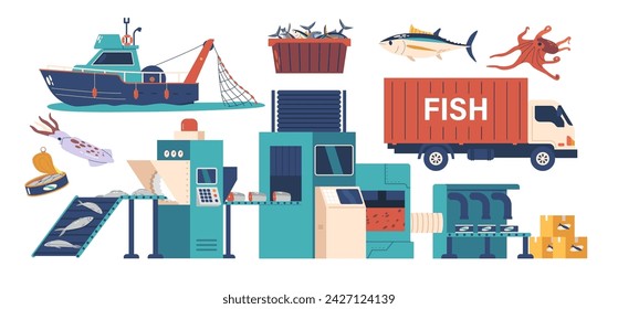 Conjunto de iconos de vectores aislados de producción de peces. Barco de pesca, cinta transportadora, camión y producción de mariscos