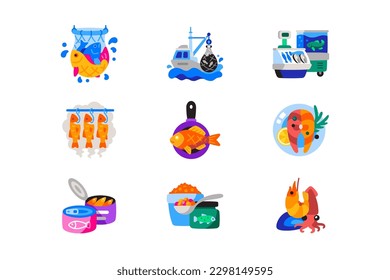 Fish production and use, vector icons set. All from fishing to cooking fish, concept.