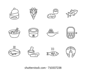 Fish Products And Seafood Related Line Icons Set With Canned Tuna, Fish And Chips, Sushi, Caviar, Soup, Sticks, Salmon.