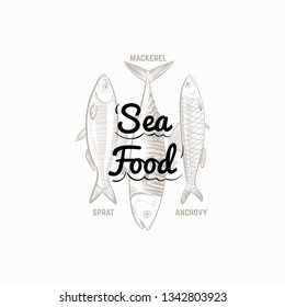 Fish products sign with hand drawn fish mackerel, sprat, anchovy vector design