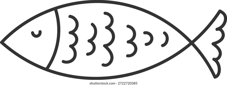 Fish profile with closed eye, curved scales, and fin contour drawn in bold strokes. Symbol of seafood, simplicity, freshness, and nature. Cartoon vector illustration.