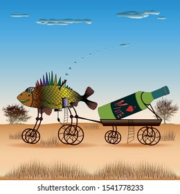 Fish is pulling a cart with a bottle of wine on the steppe. Vector illustration of paintings in the style of syurealizm Salvador Dali.