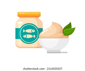Fish puree, pate in white ceramic bowl and baby food jar with label. Kids nutrition icon. Vector colorful flat illustration isolated on background