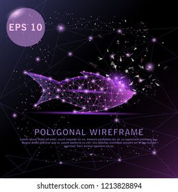 Fish purple polygonal digitally drawn futuristic low poly wire frame shape point, composition and lines vector illustration.