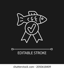 Icono lineal de control de calidad de pescado para el tema oscuro. Verificando la contención tóxica de mariscos. Ilustración personalizable de línea delgada. Símbolo de contorno vectorial aislado para el modo nocturno. Trazo editable