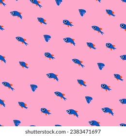 Fish quirky seamless pattern. Set of cute flat hand drawn tiny fishes for fabric or wrapping paper print. Surface pattern design with ocean fishing, marine wildlife doodle vector illustrations.