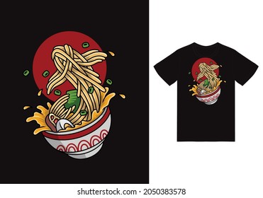 Fish ramen noodles illustration with tshirt design premium vector the Concept of Isolated Technology. Flat Cartoon Style Suitable for Landing Web Pages, Banners, Flyers, Stickers, Cards