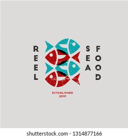 fish and reel seafood vintage logo template