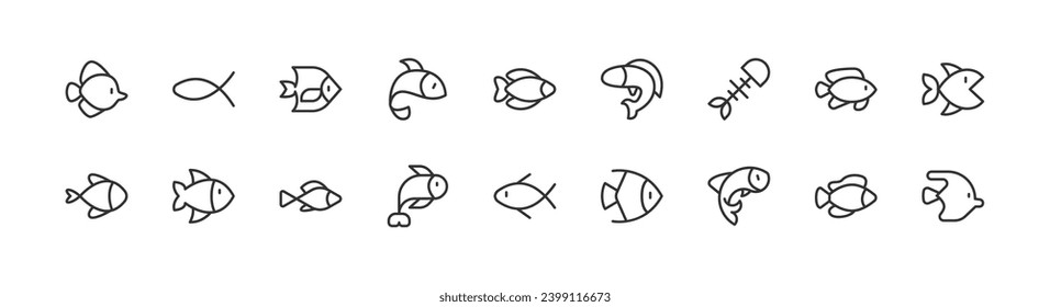 conjunto de iconos relacionados con el pescado. Trazo editable. Iconos Pixel Perfect 24x24px