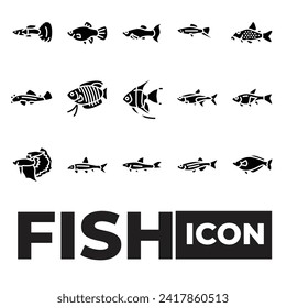 Fish related icons: thin vector icon set, black and white kit