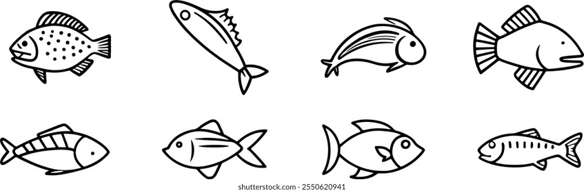 Conjunto de Vector delgado de iconos relacionados con peces en blanco y negro