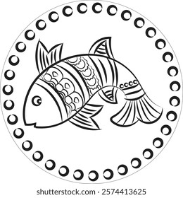 Fish is rendered in Pichwai style. Indian folk art is used for coloring books, textile fabric prints, phone cases, and greeting cards. logo, calendar