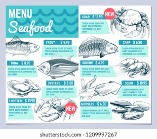 Fish restarant menu. Hand drawn fishes lobster and crab seafood restaurante vintage design vector template