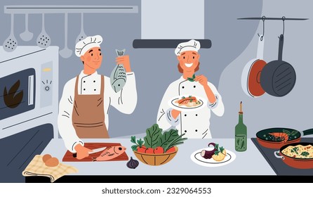 Fish restaurant chefs cooking food. Professional cooks in kitchen. Seafood preparation. People cut salmon steaks. Sea delicacies preparing. Products on counter. Garish