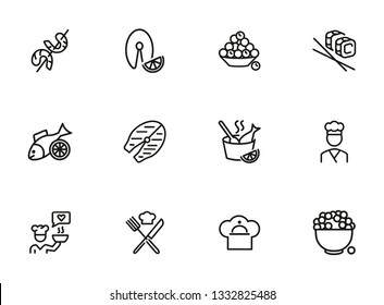 Fish restaurant line icon set. Fish, rice, shrimp. Food concept. Vector illustration can be used for topics like food product, supermarket, restaurant