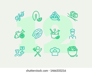 Fish restaurant line icon set. Fish, rice, shrimp. Food concept. Vector illustration can be used for topics like food product, supermarket, restaurant