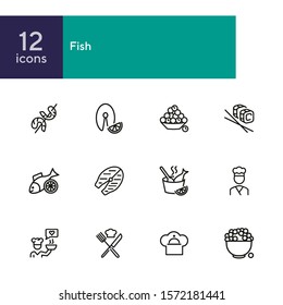 Fish restaurant line icon set. Fish, rice, shrimp. Food concept. Vector illustration can be used for topics like food product, supermarket, restaurant