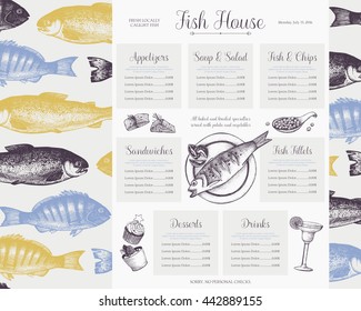 Fish restaurant menu design. Vintage seafood illustration.Vector fish menu template. Hand drawn sea food sketch collection.  Decorative background.