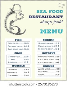 Fish restaurant menu sample, fish in a hat, restaurant menu, seafood, seafood restaurant, flyer for restaurant, fish