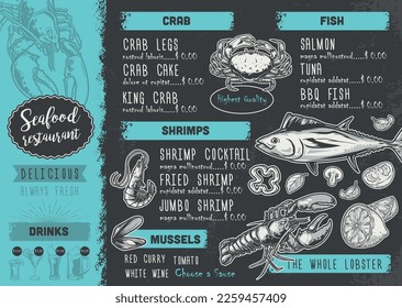 Fish restaurant menu vintage colorful with list of names and prices of crab and lobster or shellfish delicacies vector illustration