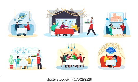 Fish restaurant and sea food, people eat meals at table, seafood dishes, party set of isolated flat vector illustrations. Man and women at fish restaurant, waiter with asian cuisine, fishes in water