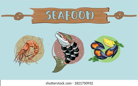  Fondo del restaurante de pescado. ¡Mariscos!