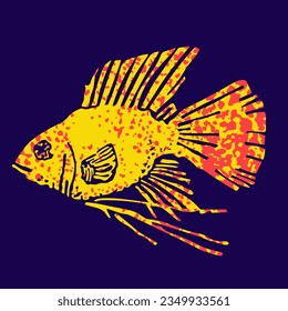 Fish in retro print style - hand drawn vector illustration. Flat color design.