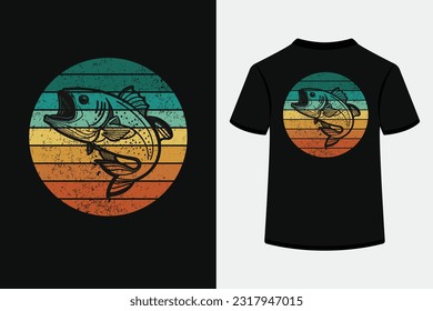 Fish retro striped sunset vintage style t shirt design. This is an editable and printable high quality vector eps file. Good use for symbol, icon, logo, T-shirt design, avatar or any design.