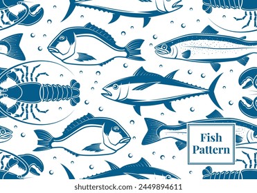 Fish retro styled seamless pattern. Vector illustration. Fish underwater. Blue and White Nautical Design. Fabric, textile, wallpaper with tuna fish.