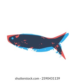 Fish risograph. Sardinesl riso print. Salmon silhouettes. Undersea animal. Vector hand drawn cutout collage element illustration isolated on white background.