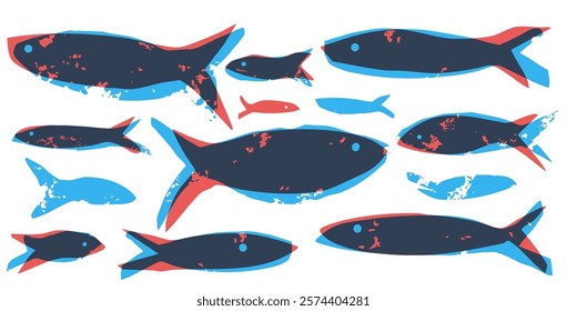 Fish risograph set. Sardines school riso print collection. Salmon silhouettes. Undersea animals. Vector hand drawn cutout collage elements illustration isolated on white background.