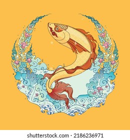 peces en el río thai patrón filigree decoración ilustración vectorial