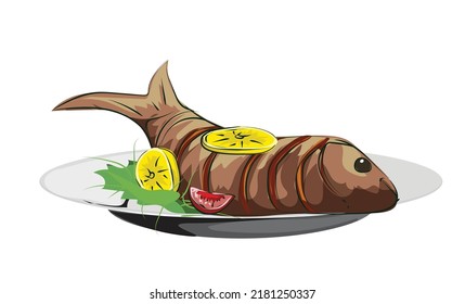 Fish Roaster In Plate Clipart Vector