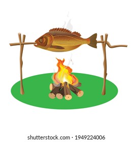 Fish roasting on a BBQ spit. Vector illustration isolated on white background