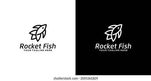 fish and rocket creative logo design in line art style