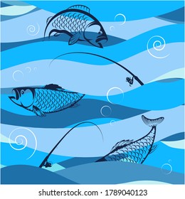 Fish and rods on blue waves design for fishing