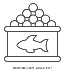 Fish roe in can thin line icon, fishery product concept. Vector graphics. Canned food jar sign on white background, outline style icon for mobile or web design