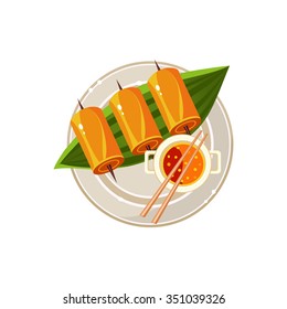 Fisch-Rollen und Suppe auf einem flachen servierten Essen serviert. Farbige Vektorgrafik