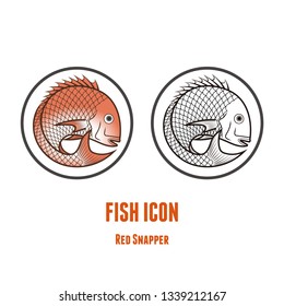 Fish round icon: color, black and white. red snapper