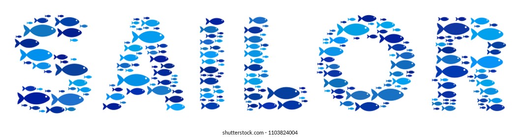 Fish sailor text composition in blue color tinges. Vector fish items are united into sailor text collage. Seafood design concept.