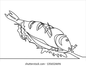 Fish with salad and lemon slices. Continuous line