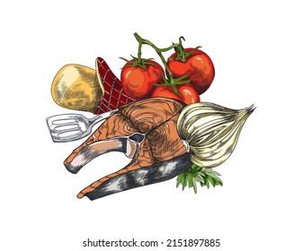 Fish, salmon for barbecue, picnic food, art line for flyers, vector illustration. Fish, tomatoes, grill spatula, garlic on a white background in vintage style