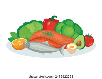 Fish, salmon fillet, fruits and vegetables vector illustration. Pescetarian diet icon set on a white background. Pile of healthy fresh food drawing. Pescetarianism symbol