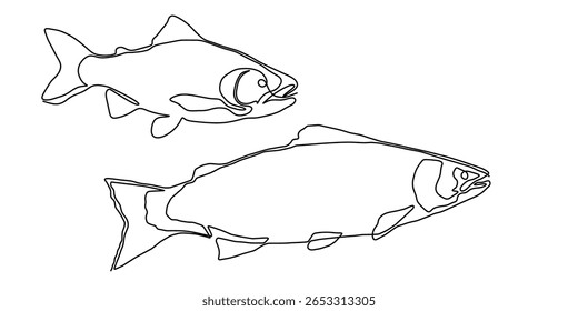 Peixe salmão linha ícone arte vetor contínuo atum desenho truta frutos do mar. Linha de peixe de salmão simples uma mão esboço ilustração tipo de água gancho de comida linear mar barbatana lagoa dia esboço silhueta logotipo oceano.