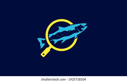  fish salmon with magnifying glass logo design vector icon symbol illustration