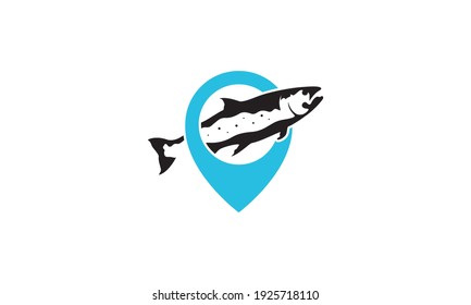  fish salmon with map pin location logo design vector icon symbol illustration
