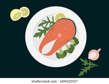 fish salmon on a white plate with lemon, broccoli and arugula