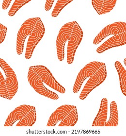 Fish salmon steak seamless pattern. Colored salmon steak background. Fresh trout hand drawn pattern