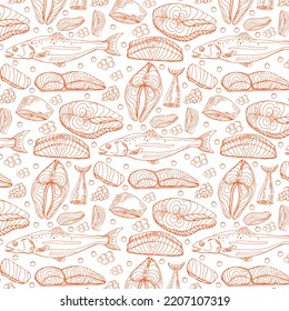 Fish salmon steak seamless pattern. Colored salmon steak background. Fresh trout hand drawn pattern