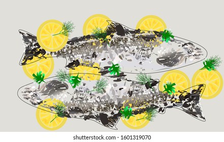 fish salmon and trout with scales and lemon with white background vector art